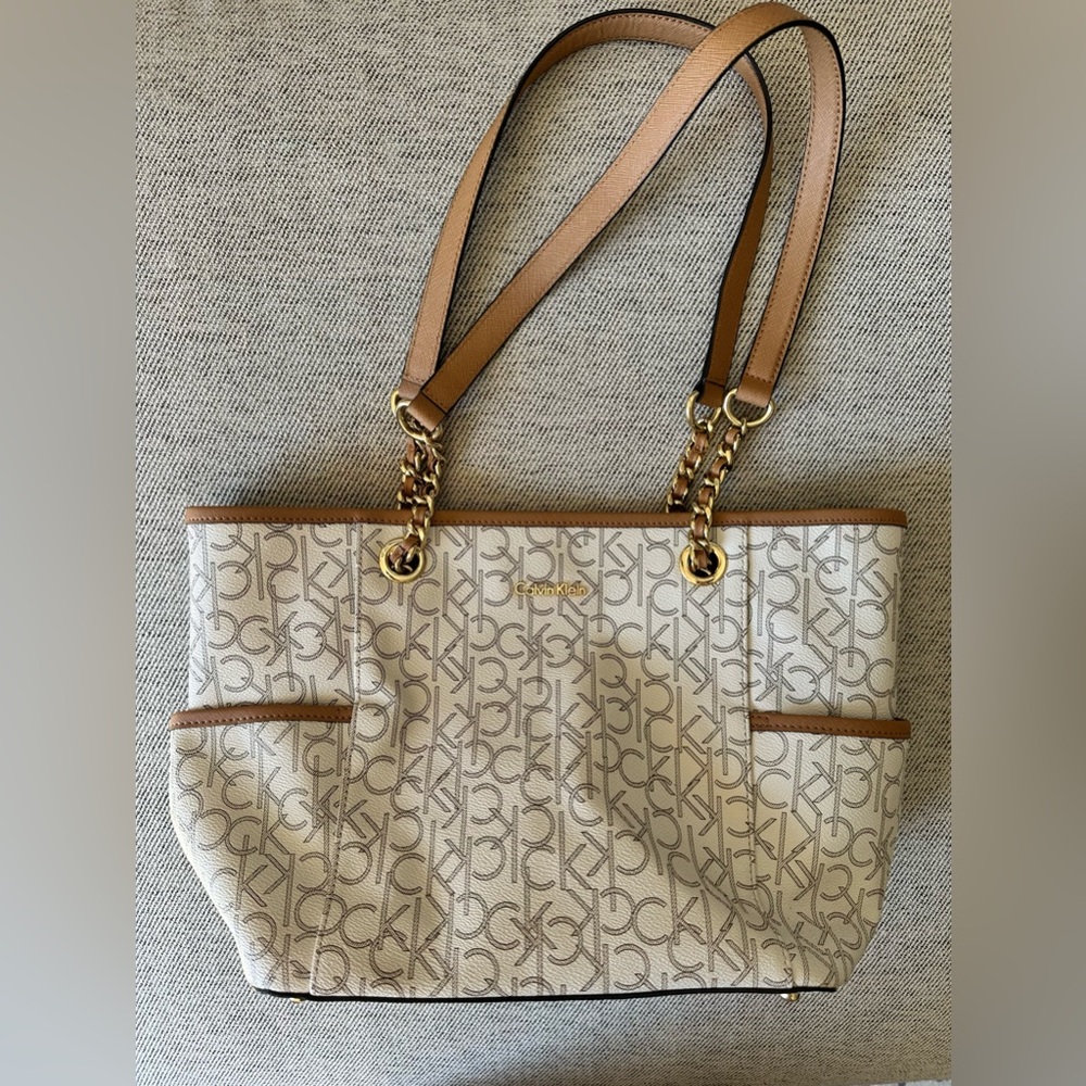 Calvin Klein Cream Logo Tote with Tan Trim and Gold Hardware